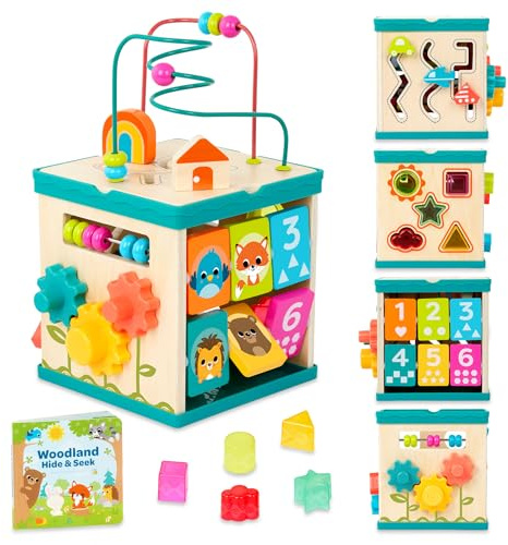 B. toys – Tabletop Activity Cube – Educational Storybook Included – Wooden Shape Sorter, Bead Maze, Animal Tiles – Top Flips for Compact Storage – 12+ Months – Lil' Learning Cube