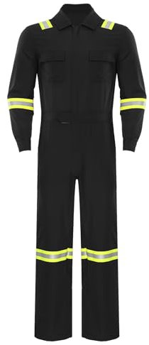 Linjinx Arbetsoverall för män, hängselbyxor, skyddsoverall med reflekterande ränder, långärmad bodysuit jumpsuit helkroppsdräkt, arbetskläder, skyddskläder, svart, 4XL