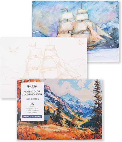 Grabie Livre de coloriage aquarelle, 15 feuilles de 63,5 kg, livre de coloriage aquarelle sur le thème du paysage, A5 (21 x 14 cm), livres d'aquarelle pour adultes, papier 100 % coton (thème paysage,