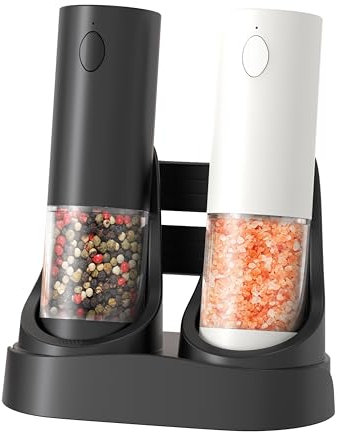 WallEgo Electric Salt and Pepper Grinder Set, USB Charge Base White LED Light Adjustable Coarseness One-Handed Automatic Operation Black Peppercorn Sea Salt Spice Mill Set