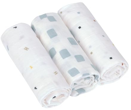 LÄSSIG Puck manta de bebé pañales muselina set de 3 piezas algodón 60 x 60 cm/Swaddle & Burp Blanket M Happy Fruits blue