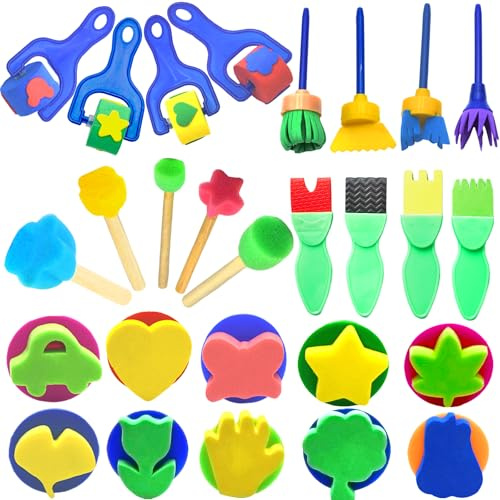 PXBSNB Juego de 29 pinceles de pintura de esponja, juego de pinceles de esponja reutilizables, pinceles de espuma coloridos, herramientas de pintura para niños de educación temprana para niños