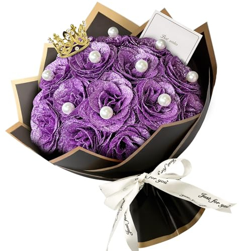 24pcs Purple Glitter Roses Bouquet,DIY Artificial Flower Bouquet Kit with Fake 12 pearls flower wrapping papers, Stems Cards for Gifts Valentine's Day, Anniversary, Birthday, Wedding, Graduations