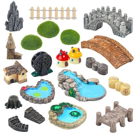 21 Pcs Fairy Garden Accessories,Miniatures Fairy Garden Ornaments Outdoor, Bridge House Landscape Water Well Fence Figurines Pond Mushroom Lawn Garden Ornament for DIY Craft Garden Succulent Decor