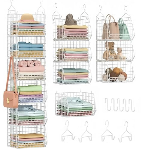 Wonninek Metal Hanging Wardrobe Organiser, 6-Tier Foldable Hanging Storage Shelves, Separable Closet Hangable Shelf, Space Saving Clothes Accessories White