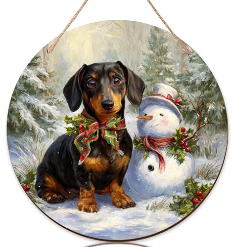 Letrero de bienvenida de perro para puerta delantera, muñeco de nieve festivo de invierno, acebo, invierno, madera negra, letreros de bienvenida para porche, apartamento, puerta, decoración de entrada