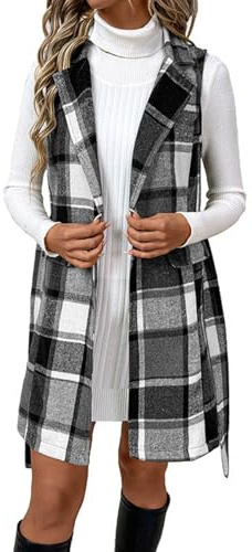 Generisch Cappotto lungo a scacchi da donna classico trechcoat senza maniche gilet elegante cappotto di lana con cintura Autunno Inverno Blazer Cardigan Gilet di lana alla moda, grigio., M