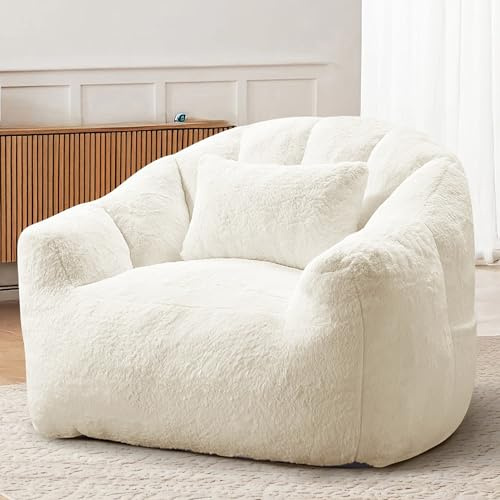 FurniSoar Sitzsack für Erwachsene, Flauschiger Loungesessel aus Kunstfell mit Kissen, Belastbarkeit bis 160 kg, Vakuumverpackt & ohne Montage, für Wohnzimmer, Schlafzimmer, Balkon, Weiß