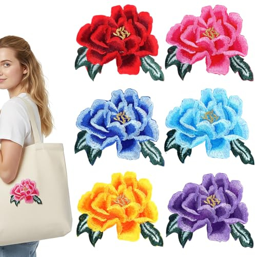 6 Pcs Peony Embroidered Patches Iron On Large 6 Color Flower Patches Exquisite Retro Peony Flower Applique for Clothing, Shirts, Jeans, Skirts, Hats, Bags
