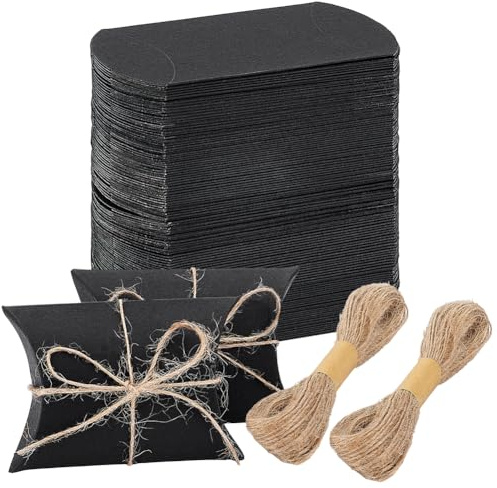 BENECREAT 100 pz Scatole di Cartone e Carta A Cuscino, 7.2x6.5x2.5cm Scatola Porta Nera con Spago di Iuta e Scatole Postali per e Feste di Matrimonio