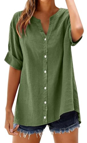 Leaomuny Camicia Lino Donna Maniche Lunga Oversize Camicette Lunga Mare Estiva Scollo a V Blouses Elegante Curvy i Bottoni Tops Ampia E Traspirante Camicetta semplicità Coreana Spiaggia Leggera
