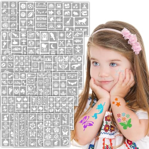 Plantillas para Tatuajes Temporales (12 Hojas, 13.5x17.5 cm), Plantillas Pintacaras Infantil y Henna, Diseños Variados para Pintura Corporal, Fiestas de Cumpleaños y Maquillaje de Niños