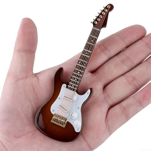 Réplique de guitare électrique miniature en bois de 14 cm avec support et étui – Cordes réalistes et frettes décoratives pour salle de musique – Noir (couleur café)