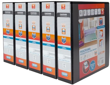 Elba A4 2 O-Ring Lever Arch File, 56mm capacity, 90mm spine, Presentation Folder with Customisable Cover, Portrait, Black (Pack of 5)