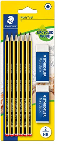 STAEDTLER Set di matite Noris 120, realizzate in legno Upcycled, durezza HB, 6 matite e 2 gomme in plastica Mars, alta qualità, Made in Germany, 120 R BK6D