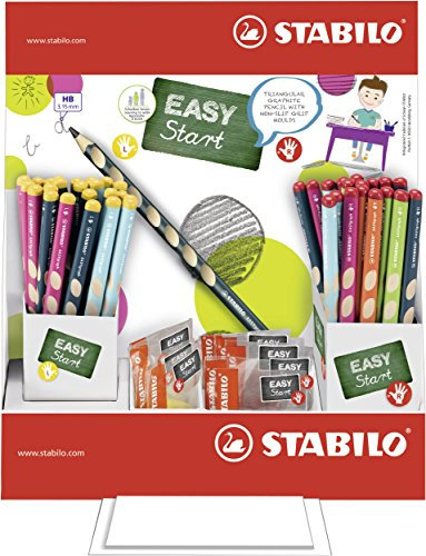 Ergonomischer Dreikant-Bleistift - STABILO EASYgraph in 5 Farben - 72er Display mit Spitzern - Härtegrad HB - 24 Stifte & 4 Spitzer für Linkshänder + 48 Stifte & 8 Spitzer für Rechtshänder