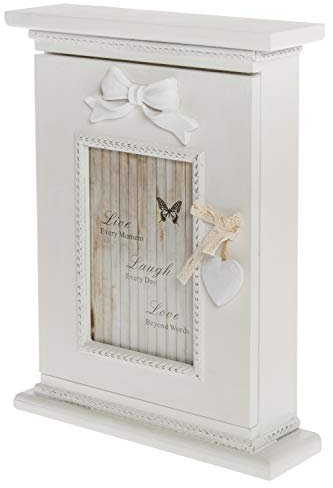 elbmöbel Schlüsselkasten Holz mit Fotorahmen Passepartout in weiß Weiss-grün rosa Vintage Shabby-Chic aus Holz Landhaus (Weiß-Vintage, H29 x B22 x T 7 cm)