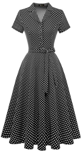 Wedtrend Robe de cocktail vintage pour femme - Ligne A - Longueur midi - Col en V - Élégante robe décontractée, Points noirs et blancs, S