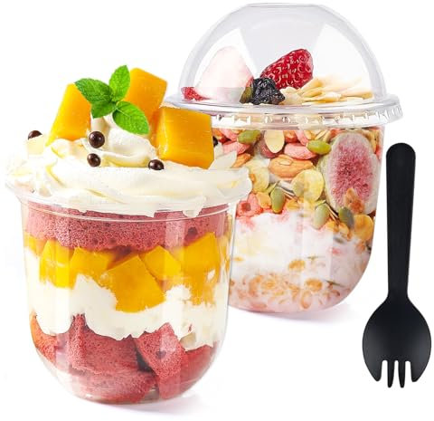 Dessertgläser Plastik 360ml, 50 Stück Desserttassen Rund mit Deckel und Löffeln, Kunststoff Dessertbecher Wiederverwendbar, Dessertschalen Set Mini Desserttassen für DIY Desserts Pudding Mousse Eis