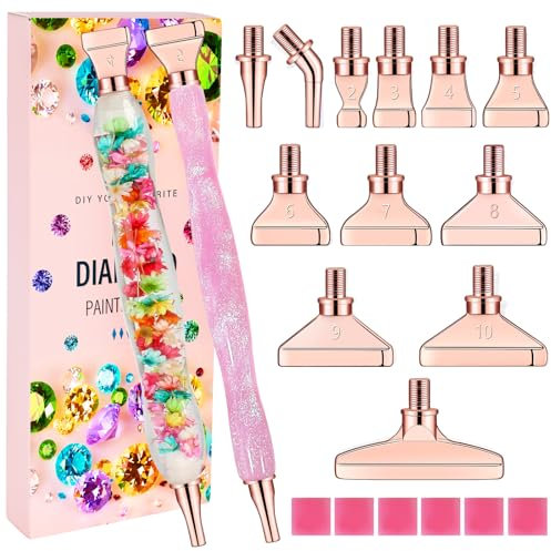 MJARTORIA 5D Diamond Painting Zubehör Diamond Painting Stift Set, Blumen Obst Drill Pen mit Gewinde Metall Ersatz Stiftköpfen Kleber für Mosaikherstellung Nagelkunst (Rosegold Rosa)