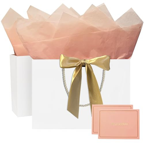 Mifferer Geschenktüten, 2 Stück Papiergeschenktüten mit 2 Taschentuch und 2 Karten, Geschenktüten mit Griffen für Frauen, Mädchen, Brautjungfern, Geburtstage, Valentinstag und Hochzeitsfeiern (Weiß)