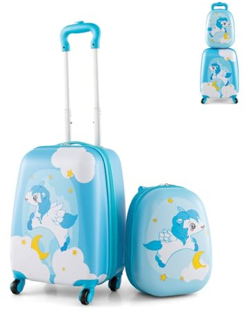 Maxmass 2PCS Kids Luggage Set, 12 & 16 Hard Shell Children Trolley Case with 4 Universal Wheels, Girls Boys Suitcase and Backpack Set for Travel (Blue, Unicorn)
