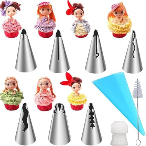 MDLJG 10Pcs Pleated Skirt Ruffle Piping Tips, 304 Stainless Steel Vintage Nozzles with Coupler, Cleaning Brush & Reusable Silicone Piping Bags for Cupcakes, Cookies & Pastry