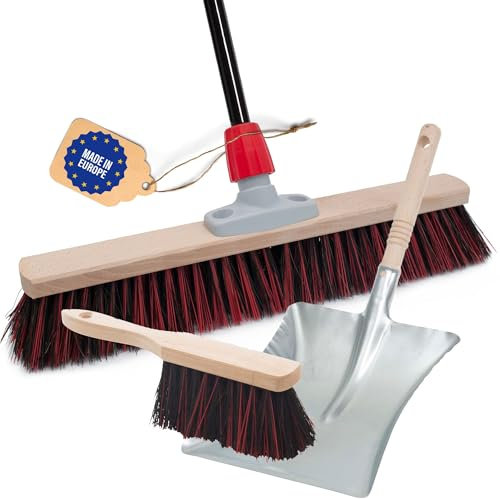 Novaliv Balai de rue avec manche, 50 cm, poils Arenga-Elaston avec balayette noire, composé d'une pelle et d'une balayette à main, idéal comme balai de jardin, de terrasse, d'écurie, balayette Outdoor
