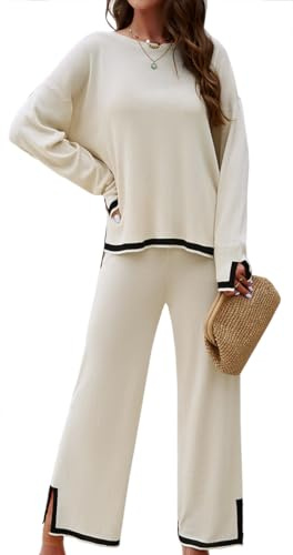 OLIPHEE Ensemble Tricoté 2 Pièces Femme Chic Et Elegant - Manches Longues Pull + Pantalon Jambe Large - Survetement Tenue De Sport Casual Ample Streetwear