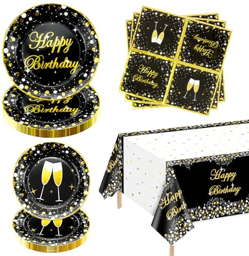 Suministros de fiesta negros y dorados, 61 piezas, platos dorados y negros, servilletas oro negro, mantel para cumpleaños, graduaciones, decoraciones para fiestas de boda, para servir a 20 invitados