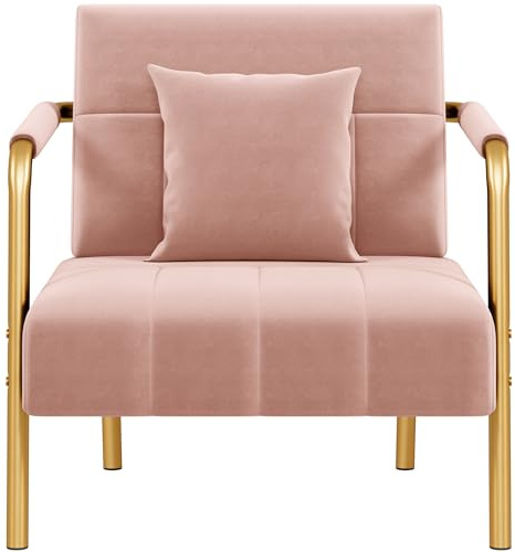 Yaheetech Modern Tub Chair, Accent Chair with Cozy Pillow, Velet Armchair with Striking Golden Legs for Living Room, Bedroom, Office, Pink