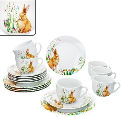 MamboCat Servizio da caffè Osterfreude I in porcellana primaverile con decorazione coniglietto pasquale per 6 persone, 6 tazze da 200 ml, piattini e piatti per colazione e caffè