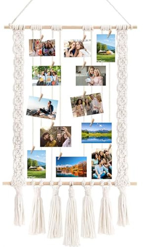 YUDAWN Fotos Aufhängen, Holz Fotowand mit 30 klammern Makramee Wandbehang Hängende Fotohalter Fotovorhang Boho Deko für Wohnkultur Schlafzimmer Hochzeitsfeier
