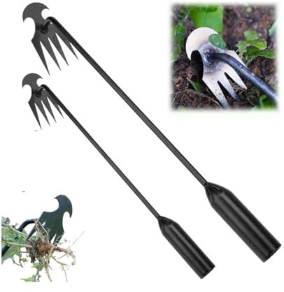 Foxyle Extracteur de mauvaises herbes, outil de désherbage de jardin avec houette à 4 griffes, outil de désherbage d'artefact, outil d'arrachage de pissenlit, désherbeur manuel pour jardinage (30 + 50