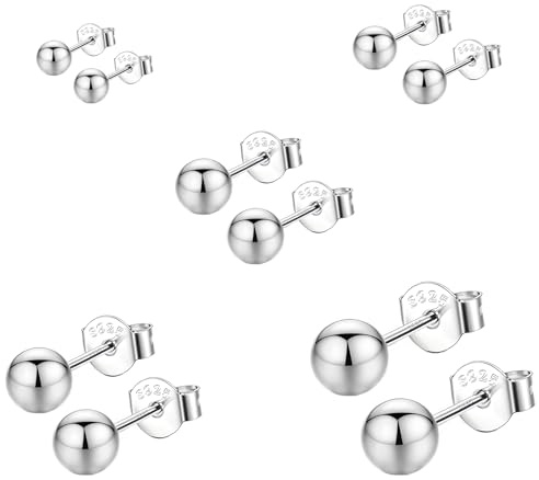 Hinvan 5 Paires Boucles d'Oreilles Boule pour Femme Homme Boucles d'oreilles Argent 925 Boules Petites Hypoallergéniques Classique Clous D'oreilles Argent 925 2mm-6mm