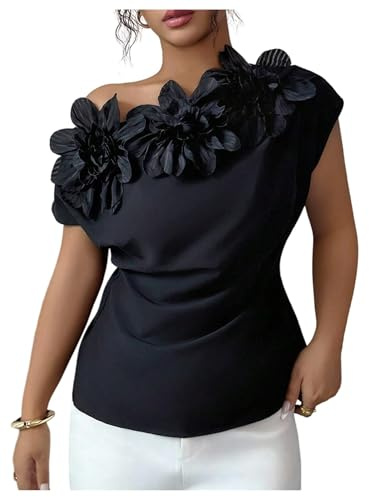 OYOANGLE Women's 3D Floral Off The Shoulder Cap Sleeve Blouse Casual Elegant Cocktail Dressy Tops Shirt Black Large
