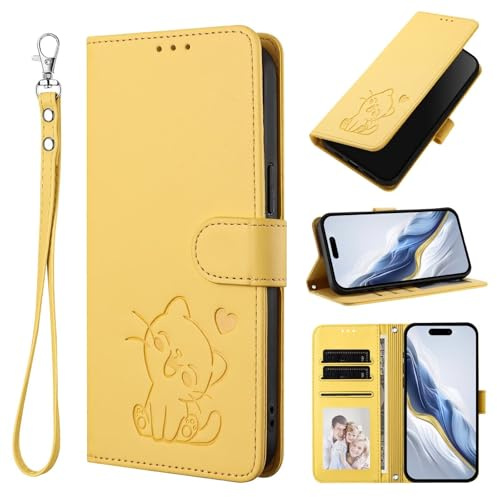 TUUNKMUY för Cricket Debut S3 fodral, flip PU-läder präglad katt stöttåligt bokplånbok fodral med stativ magnetisk folio TPU stötfångare gel skyddande telefonskydd för cricket debut S3 gul