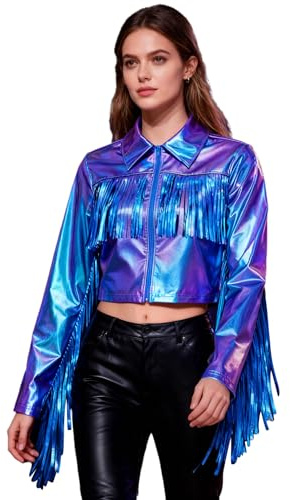 YiZYiF Metallisk jacka för kvinnor med fransar glitter tofs bomberjacka holografiska toppar disco rave festival top klubbkläder