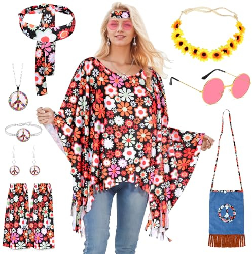 TOYTOPIE Disfraz Hippie Mujer, 9 Piezas Disfraz Años 70 Mujer, Disfraz Carnaval Mujer con Capa Hippie, Bolso Hombro Colorido, Disfraz Hippie Retro Discoteca Años 60 70 para Fiesta Carnaval