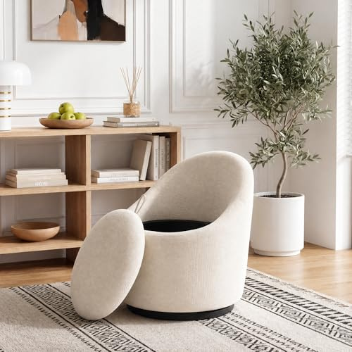 Barrel Swivel Accent Chair with Hidden Storage, 360° Rotating Lounge Chair, Upholstered Breathable Fabric, High Density Foam Seat, Modern Round Armchair for Living Room Bedroom, Beige