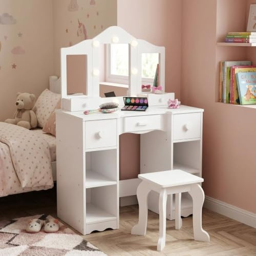 Zstar Coiffeuse Enfant 2-en-1 avec Miroir LED Pliable et Tabouret – 5 tiroirs, 4 Compartiments Ouverts – Table Maquillage en Bois Pratique pour Fille, idéale pour Chambre – Couleur : Blanc