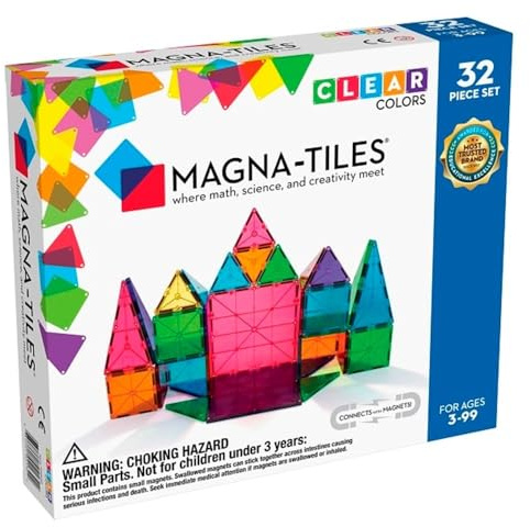 Magna-Tiles Valtech Lot de 32 Briques magnétiques Clear Colors