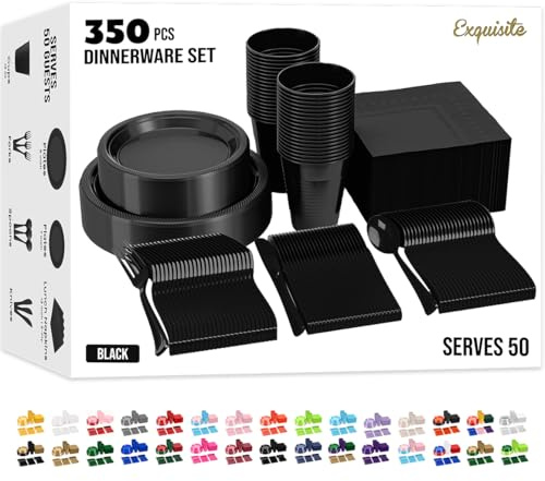 350 Pcs Black Plastic Plates For Party, Black Disposable Plates Set, 50 Of Each 9 Dinner Plate Set, 7 Dessert Plate, Cups, Napkins & Cutlery Plastic Dinnerware Set Exquisite