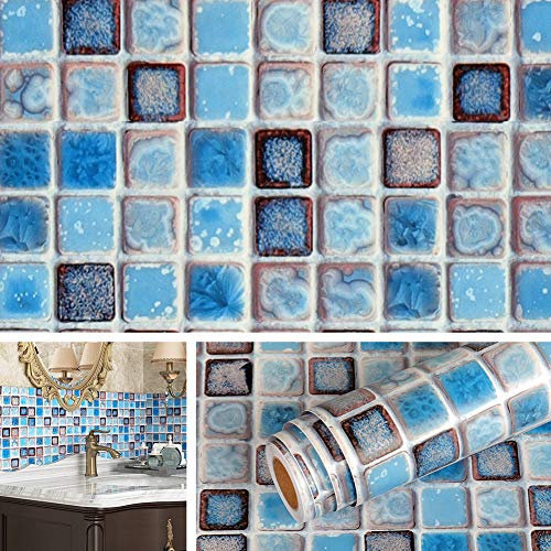 Livelynine 40CMx5M Fliesenaufkleber Bad Wasserfest Mosaikfliesen Selbstklebend Blau Fliesenfolie Badezimmer Rolle Klebefliesen Bad Boden Tapete Badezimmer Klebefolie Fliesen Optik PVC Folie Muster