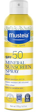 Mustela Baby Mineral Sunscreen Spray SPF 50 Broad Spectrum - Body Sun Spray for Sensitive Skin - Water Resistant & Fragrance Free - 6 fl.oz.