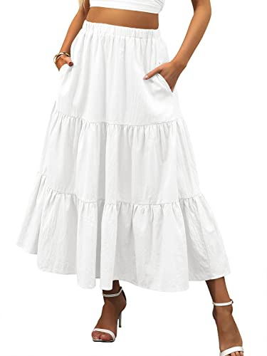 ANRABESS Women’s Summer Boho Flowy Swing Tiered A-Line Maxi Skirt 2026 Fashion Trendy Elastic Waist Pleated Long Beach Dress with Pockets White Small