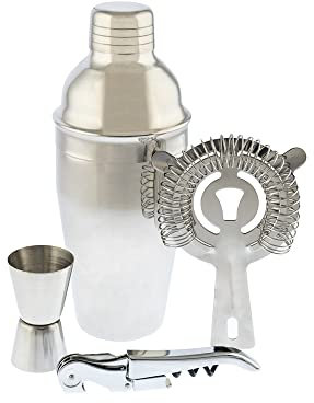 Koala Spain Kit Coctelera Acero Inoxidable (4 Piezas), 1 Coctelera 500 ml, 1 Colador Gusanillo, 1 Medidor 15/30 ml, 1 Sacacorchos Dos Tiempos