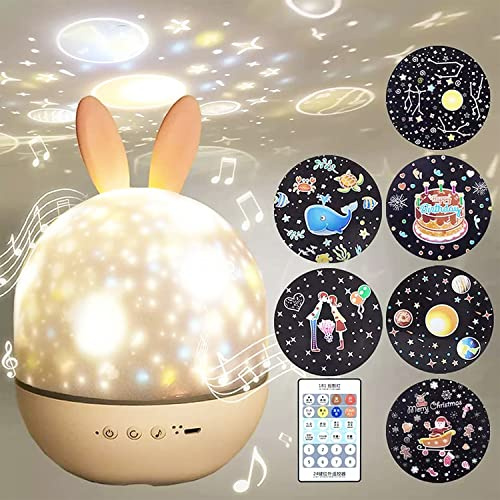 Proyector Estrellas Infantil con Bluetooth y Caja Musical Planetario Navidad Lámparas de techo y escritorio Luces Decoración Hogar dormir mesa luces led habitacion bebe nocturna (CONEJO CAJA MUSICA)