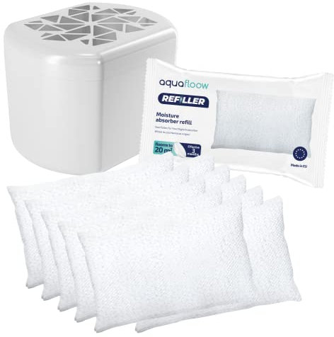 Aquafloow Deshumidificador + 10x250g Bolsas de Recarga de Gránulos | Blanco, Deshumidificado Reduce Moho y Los Olores Absorbedor de Humedad | Deshumidificador Sin Electricidad con Gránulos Recargable