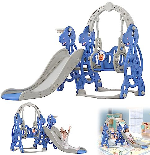 YRHome 4 in 1 Gewölbt Kinderrutsche Kinder Freistehende Rutsche mit Basketballkorb & Schaukel Kunststoffrutsche Kleinkinderrutsche 175x140x115cm Indoor & Outdoor Rutschbahn mit Rutschauslauf